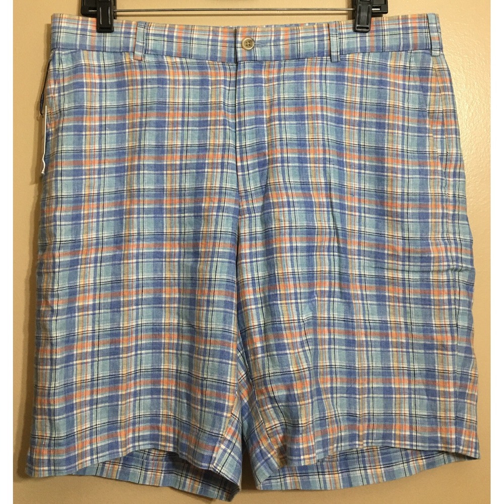 NEW Peter Millar Seaside Men's Size 34 Blue Madras Plaid Golf Shorts 100% Linen